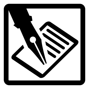 Ein Symbol für das Schreiben: ein Stück Papier und eine Schreibfeder.