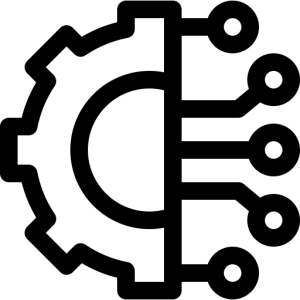 Ein Symbol für ein Werkzeug: die eine Hälfte ein Zahnrad, die andere Hälfte Drähte.